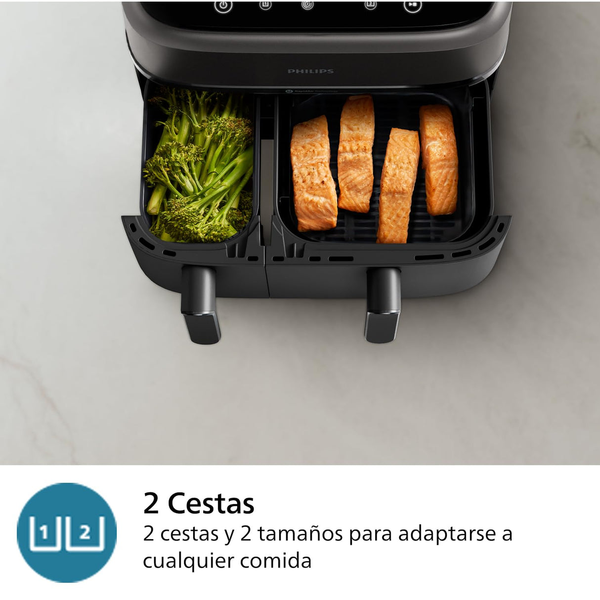 Philips Airfryer Dual Basket Serie 3000, 9L, Freidora de aire con 2 cestas, Kit Desayuno, Tecnología Rapid Air, 99% menos de grasa, ahorro de energía, ideal para familias, App HomeID (NA350/03)