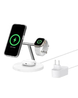 Belkin BoostCharge cargador Qi2 3 en 1, estación de carga inalámbrica con MagSafe, base de carga Qi2 para iPhone 16 Series, Apple Watch, AirPods, soporte antideslizante, fuente de alimentación, Blanco