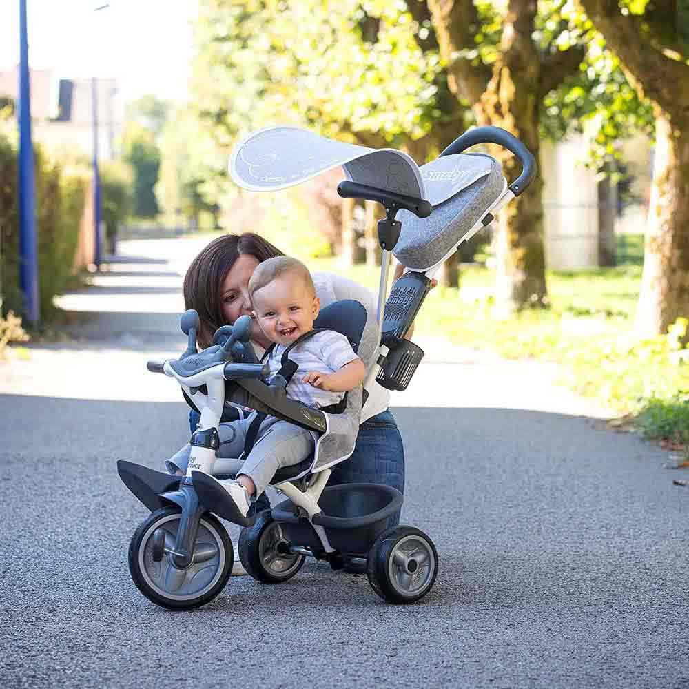 Smoby- Triciclo Baby Driver Confort Plus Gris, Evolutivo, Bastidor Metálico, con Barra de Empuje Parental, A Partir de 10 Meses