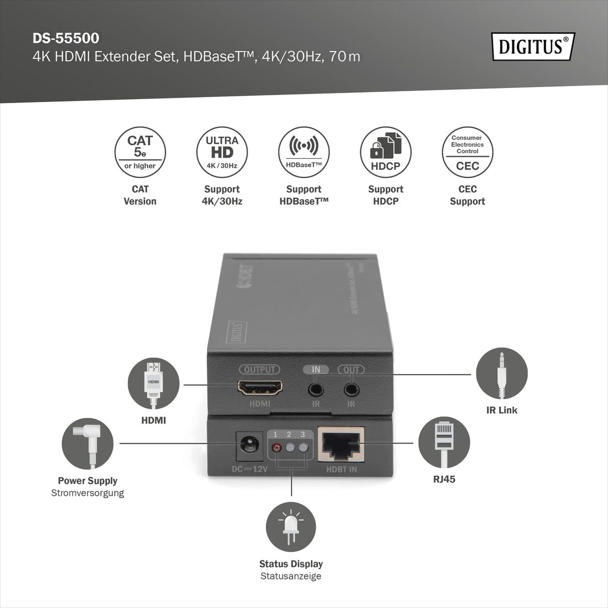 DIGITUS DS-55500 Extensor HDMI (HDBaseT) - UHD 4K/30 Hz - 40 m mediante cable LAN (HDBaseT 70 m) - Set: Transmisor y Receptor - IR Infrarrojos - HDCP 2.2 & HDBaseT 1.0