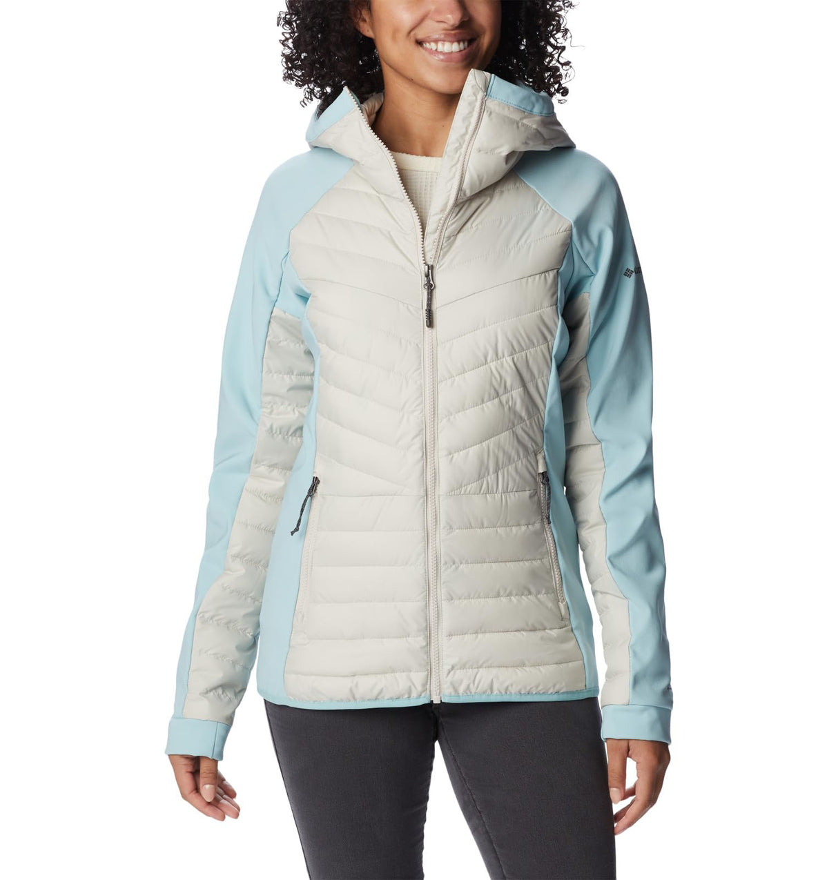 Columbia Powder Lite-Chaqueta híbrida con Capucha Acolchada, Mujer, Piedra Oscura, Aqua Haze, M