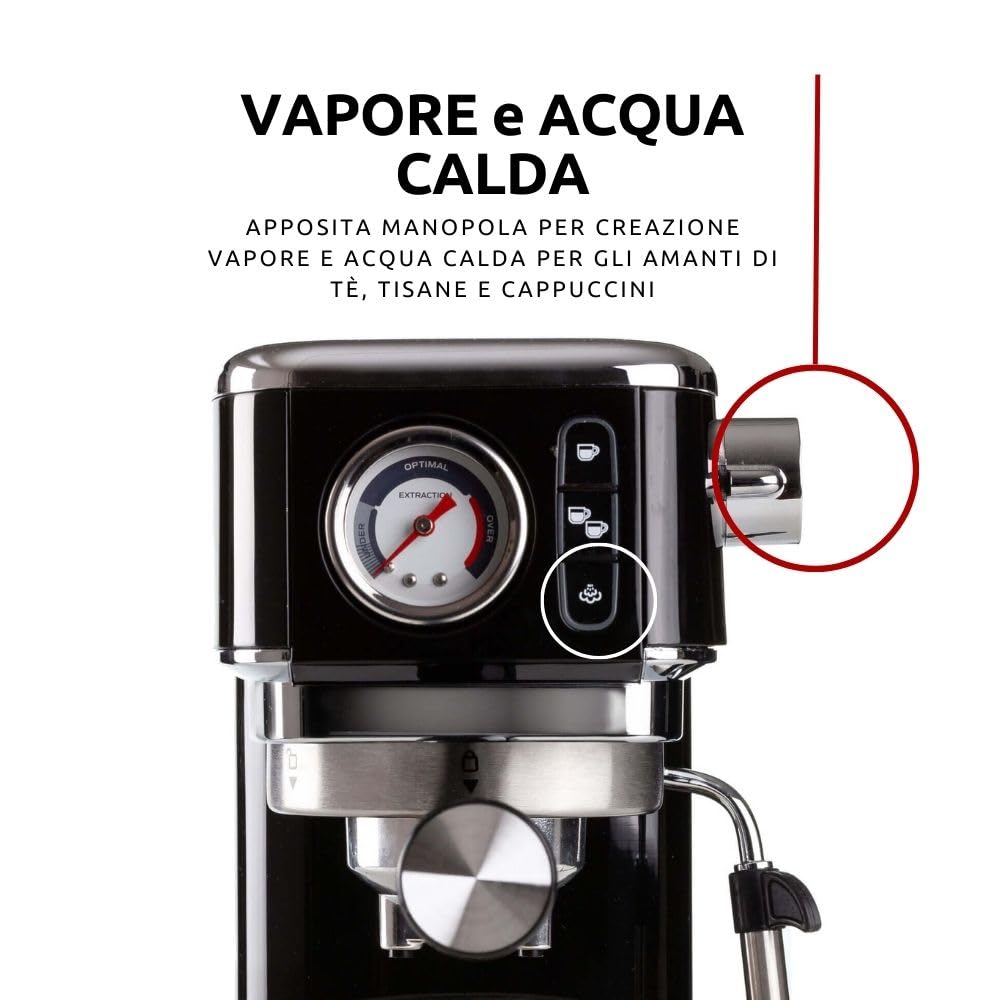 Ariete 1381 - Cafetera con manómetro, compatible con café en polvo y pastillas ESE 1300 W, capacidad 1,1 l, filtro a presión 15 bar, dispositivo capuchino de ½ tazas, color negro