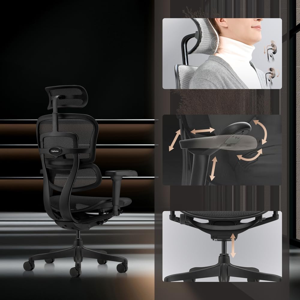 hjh OFFICE Silla de Oficina ergonómica ERGOHUMAN Signature GEN2 Diseño Original, Silla de Oficina con Soporte Lumbar Flexible, tapizado de Malla, Negro