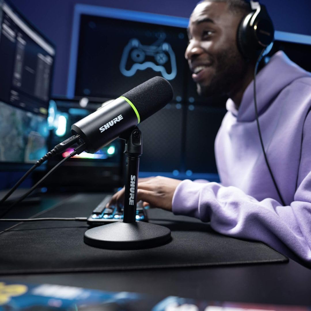 Shure MV6 Microfono par Juegos, Micrófono USB dinámico para PC para Juegos y Streaming - Soporte de Sobremesa de Base Redonda, Cancelación de Ruido de Fondo, Tap-to-Mute, 3.5mm Salida