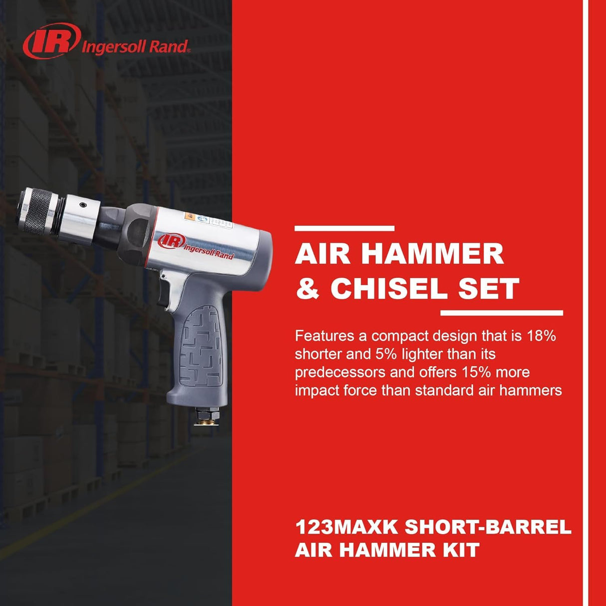 Ingersoll Rand Martillo Neumático 123MAXHK Kit, cañón corto, ligera y compacta, con juego cinceles 5 piezas, reduce vibraciones 30%