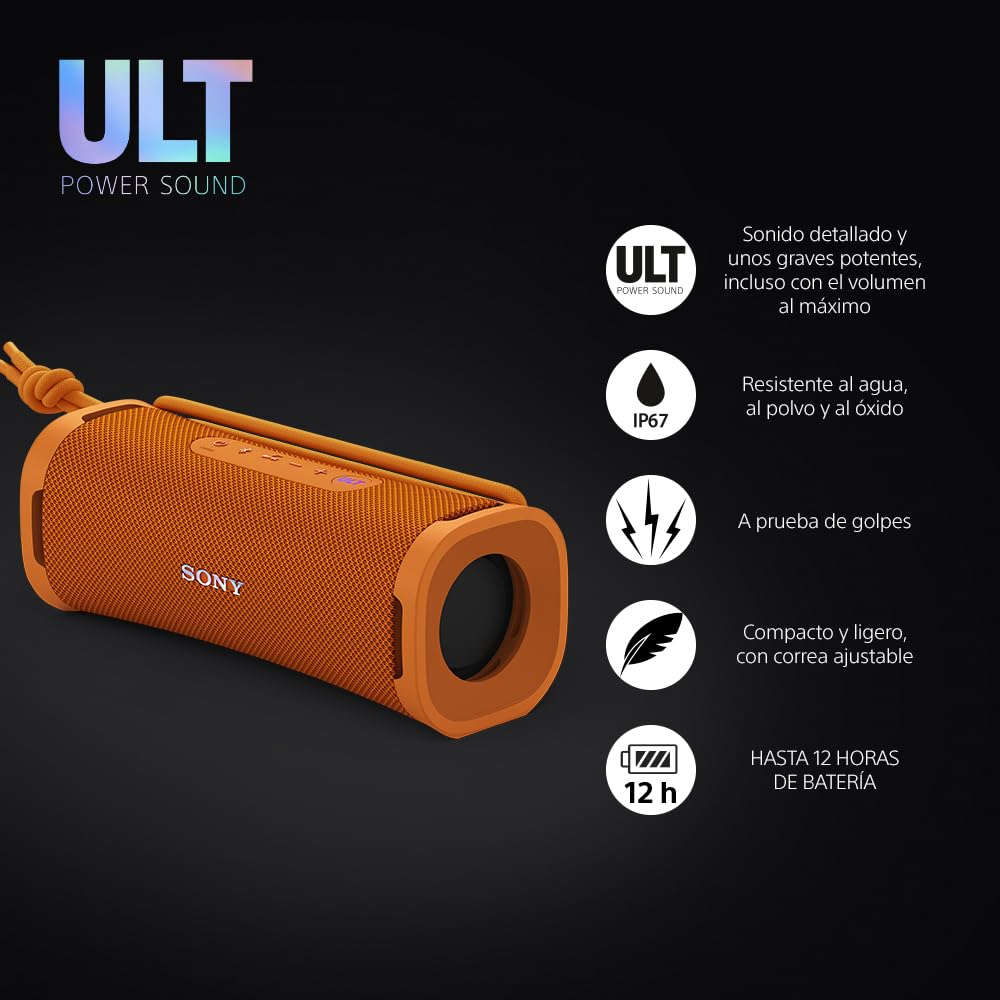 Sony ULT Field 1 Altavoz inalámbrico Bluetooth portátil con ULT Power Sound, Ultimate Deep Bass, IP67, Resistente a los Golpes, 12H de batería, Llamadas nítidas, Naranja