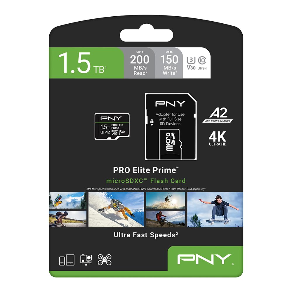 PNY Tarjeta microSD 1.5TB Pro Elite Prime Class 10 U3 V30 A2 + Adaptador SD - hasta 200MB/s, Class 10, U3, V30, A2, 4K UHD, Full HD, UHS-I