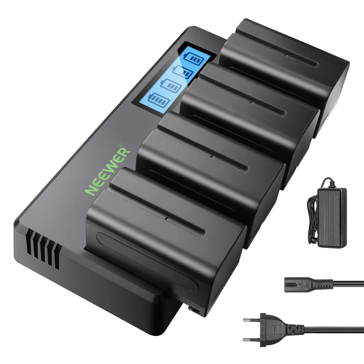 NEEWER 4pcs NP-F750 7.4V 5600mAh Batería de Repuesto con Cargador de 4 Canales y Adaptador de Corriente, Compatible con NP-F550/750/770/970 FM500H QM71D QM91D, Monitores de Campo, Luces de Video