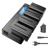 NEEWER 4pcs NP-F750 7.4V 5600mAh Batería de Repuesto con Cargador de 4 Canales y Adaptador de Corriente, Compatible con NP-F550/750/770/970 FM500H QM71D QM91D, Monitores de Campo, Luces de Video