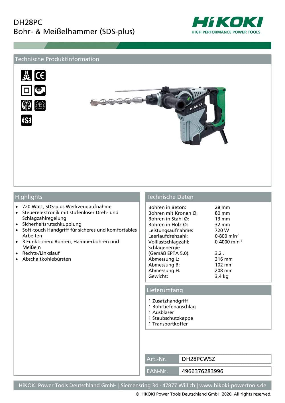 Hikoki DH28PCWSZ - Martillo perforador combinado SDS-Plus, 720 W, 230 V