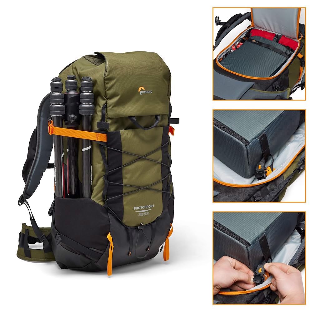 Lowepro Mochila PhotoSport X 45L AW con Tejidos Reciclados, Cámara Reflex y Mirrorless, Acceso Trasero, Compartimento Extraíble para Cámara, Características para Montaje, Talla M/L, Gris Oscuro/Verde