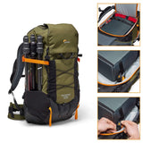 Lowepro Mochila PhotoSport X 45L AW con Tejidos Reciclados, Cámara Reflex y Mirrorless, Acceso Trasero, Compartimento Extraíble para Cámara, Características para Montaje, Talla M/L, Gris Oscuro/Verde