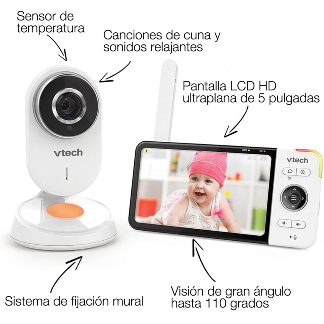 VTech - BM818 - Wide View HD Video Baby Monitor - 5 Inch Ultra Flat HD Display - Night Light and Lullabies 720p - Version ES White