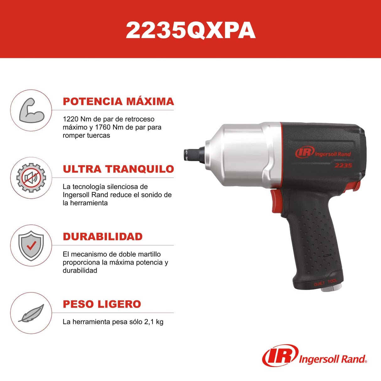 Ingersoll-Rand 2235QXPA Llave de impacto neumática de composite de 1/2 pulg. con silenciador, de 8.500 r.p.m., 1 unidad