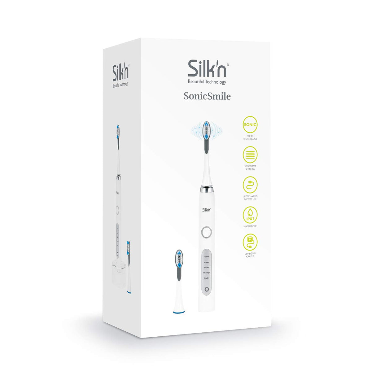 Silk'n Sonic Smile, Cepillo de dientes eléctrico con tecnología sónica, Resistente al agua, Cable USB, Blanco, SS1PEUW001