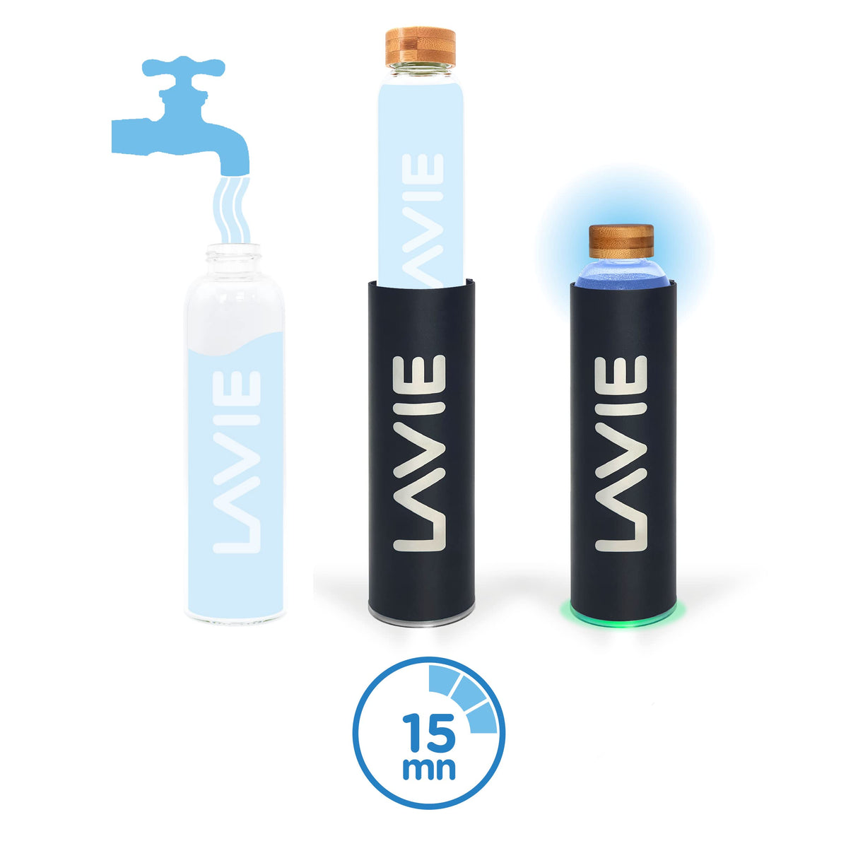 LaVie PURE es un Innovador Purificador de Agua con luz UVA que funciona Sin Consumibles. Transforme su Agua del Grifo en Agua Pura y Deliciosa en 15 minutos. Capacidad 1 L