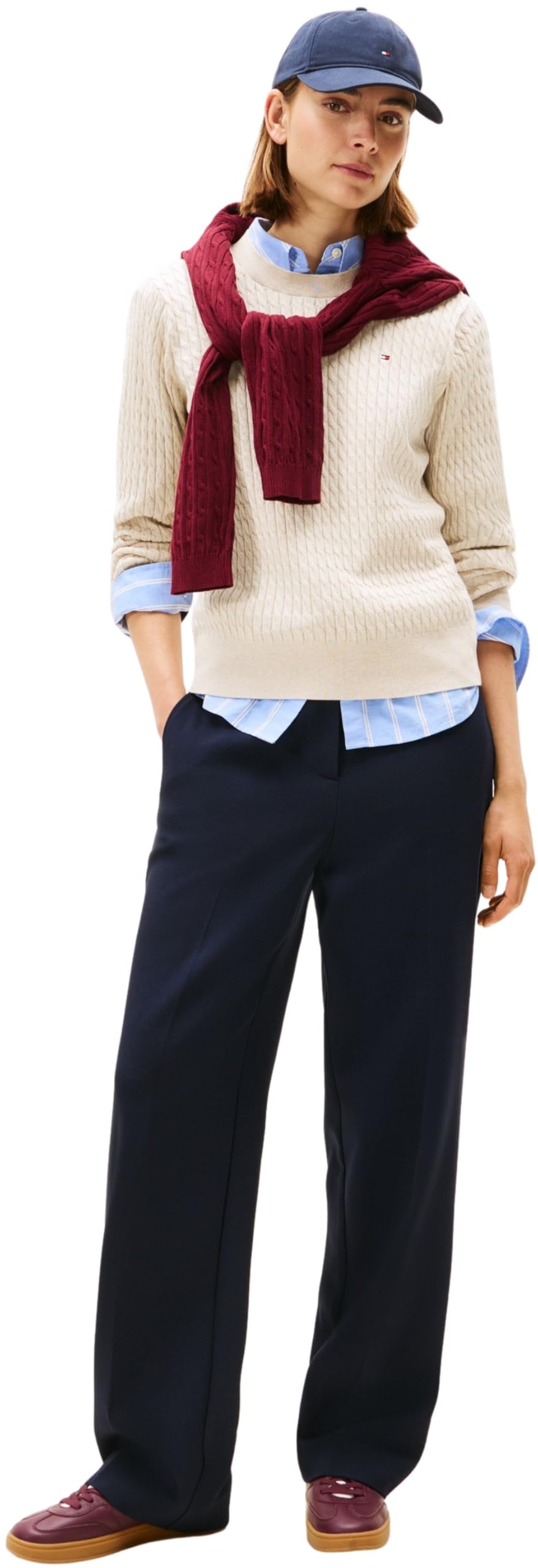 Tommy Hilfiger Jersey Mujer Cable Fine con Punto Trenzado, Beige (Htr Oatmeal GS Tipping), M
