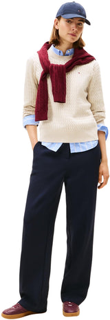 Tommy Hilfiger Jersey Mujer Cable Fine con Punto Trenzado, Beige (Htr Oatmeal GS Tipping), M