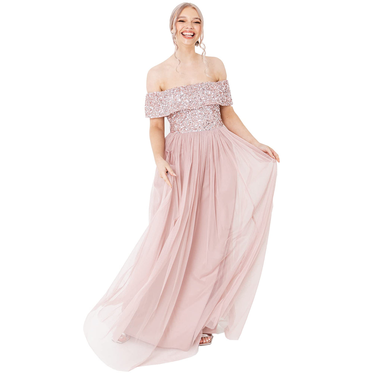 Maya Deluxe Maya Frosted Pink Bardot Embellished Maxi Dress Vestido de Dama de Honor, 10 para Mujer