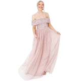 Maya Deluxe Maya Frosted Pink Bardot Embellished Maxi Dress Vestido de Dama de Honor, 10 para Mujer