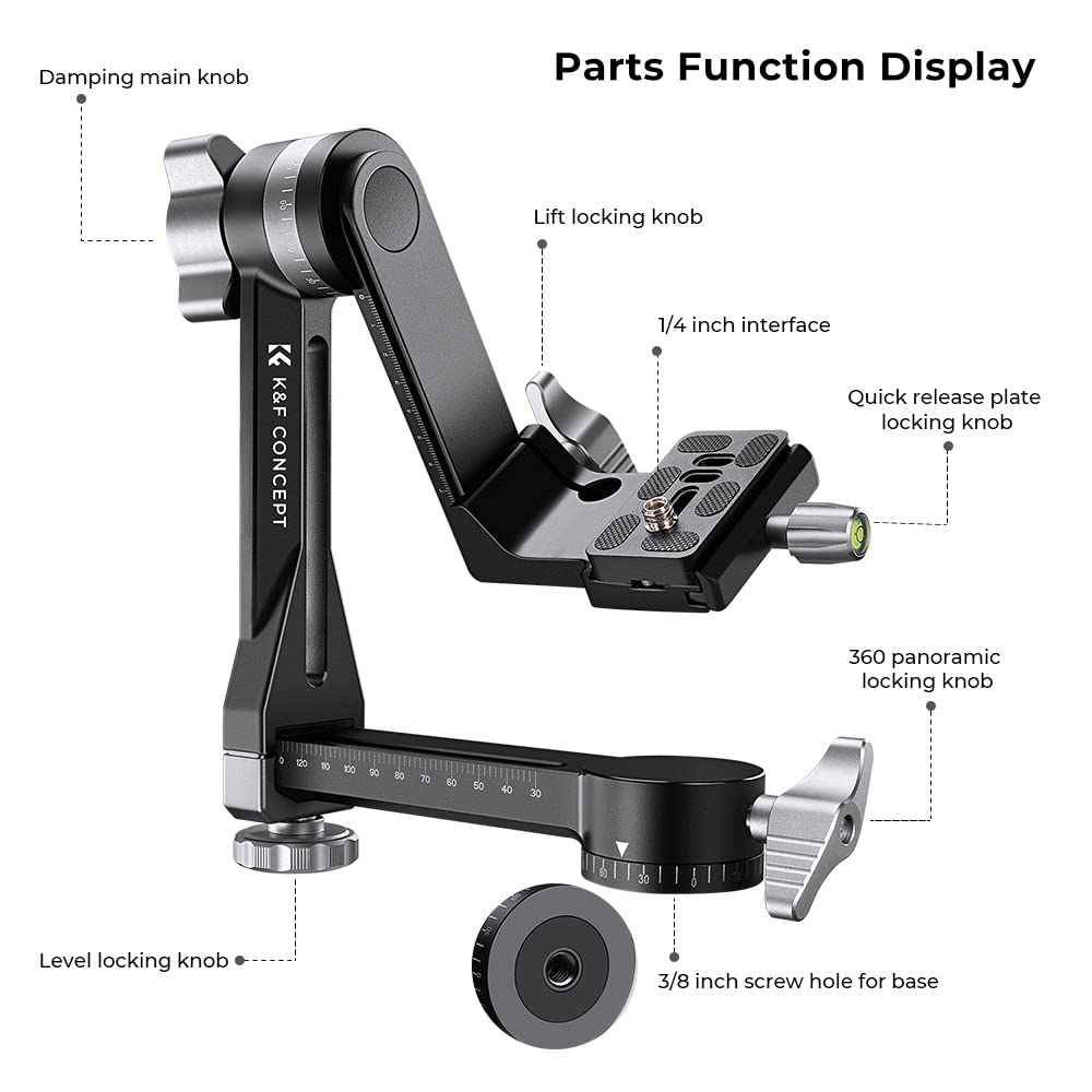 K&F CONCEPT Cabezal de Trípode Cardán, Panorámico de 360° de Aleación de Alta Resistencia con Placa de Liberación Rápida Arca-Swiss de 1/4 de Pulgada para Cámaras, Capacidad de Carga 20 KG