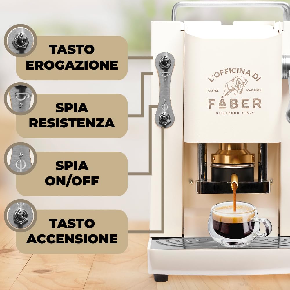 FABER COFFEE MACHINES | Modelo Pro Deluxe | Cafetera monodosis ese 44 mm | acabados cromo | Prensacialda de latón (Pure White)