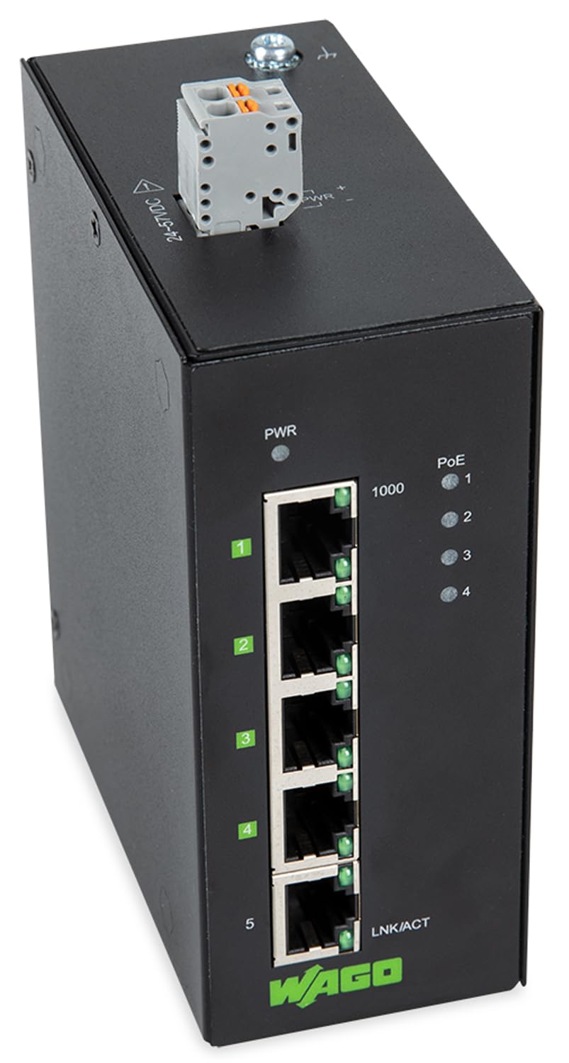 WAGO Interruptor ecológico Industrial 852-1411/000-001, con 5 Puertos ETHERNET de 10/100/1000 Mbit/s y LED de diagnóstico de Panel Frontal, soporta hasta 8000 direcciones Mac absolutas