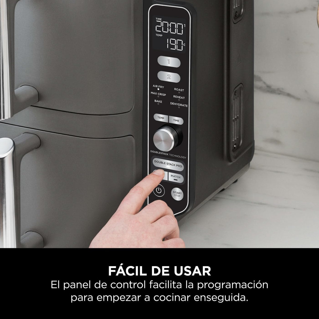 Ninja Double Stack XL Freidora de aire, 9,5 l, Doble cesta vertical, 4 niveles de cocción, 2 cestas y 2 rejillas, diseño para ahorrar más espacio, 6 funciones de cocción, 8 porciones, en gris, SL400EU