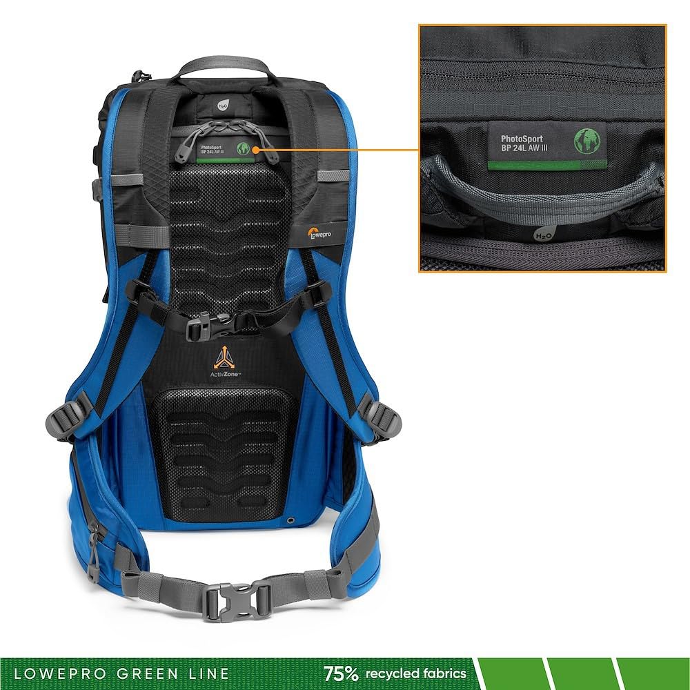 Lowepro PhotoSport BP 24L AW III, Mochila Tactica para Cámara Sin Espejo, Acceso Lateral, Inserto de Cámara Extraíble, Sistema de Correa para Accesorio, Compatible con Sony α7, Azul y Negro