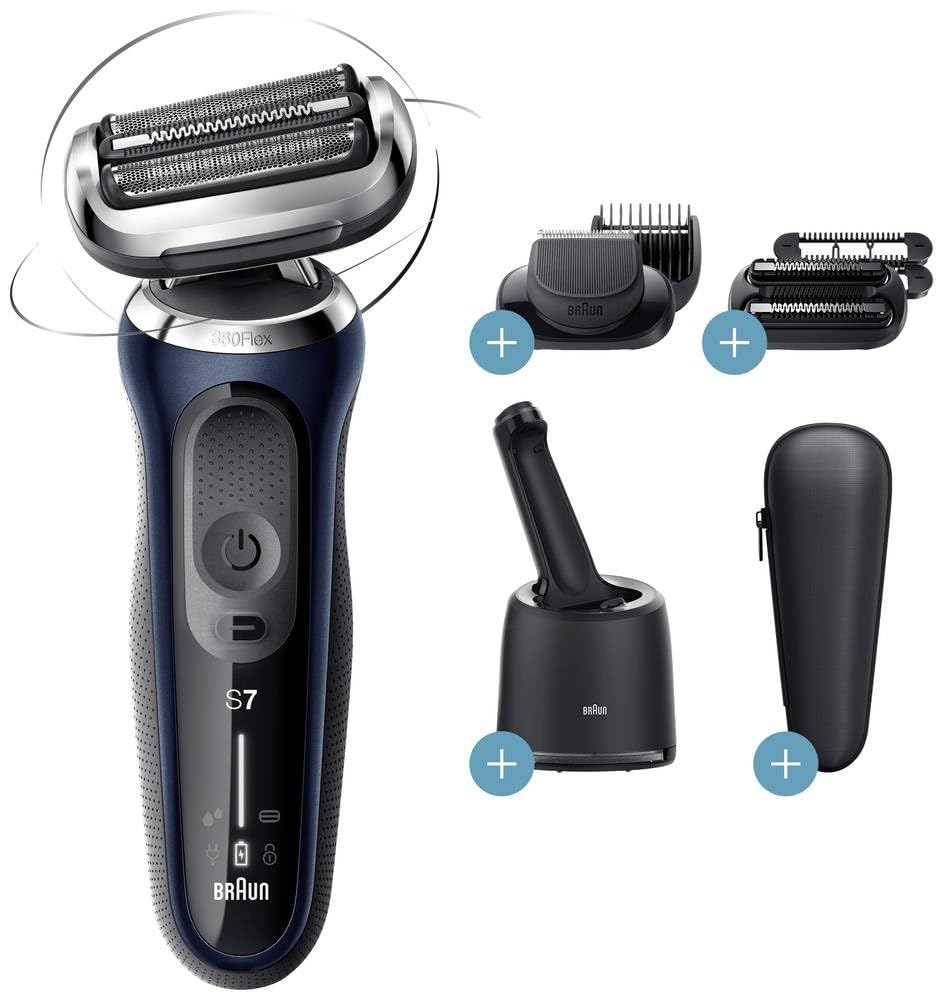 Afeitadora para hombres Braun Series 7, afeitadora y recortadora eléctrica, estación de limpieza, 360° Flex, húmedo y seco, recargable e inalámbrica, regalo del día del padre, 71-B7850cc, azul