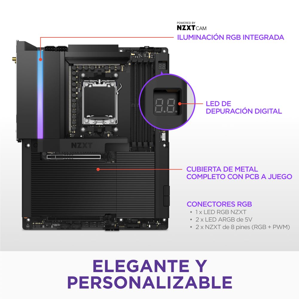 NZXT Placa Base para Juegos N9 X870E - AMD X870E AM5 ATX para Ryzen 9000/8000/7000-20+2+1, DDR5, 4X M.2, PCIe 5.0, 5GbE – Cubierta de Metal Completo, Pestillos de liberación rápida M.2 – Negro