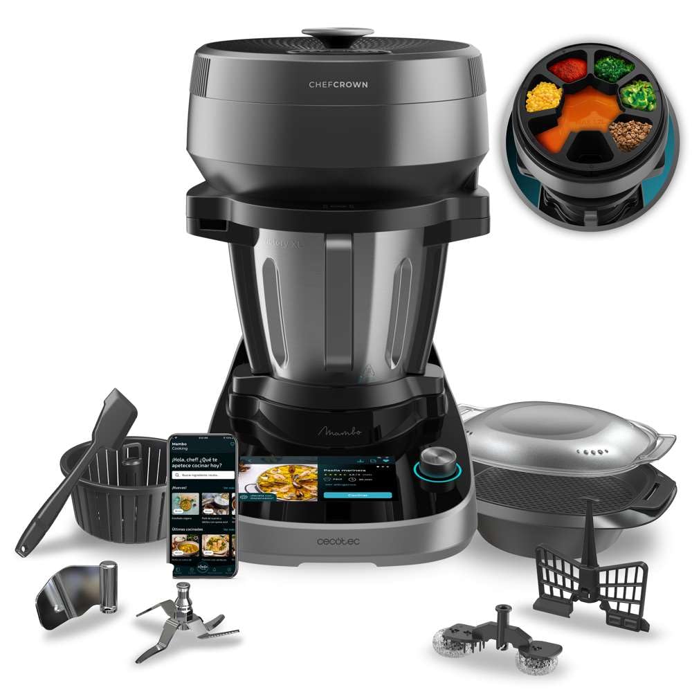 Cecotec Robot de Cocina Multifunción con Dispensador de Alimentos Mambo CooKing Victory. 1700W, 45 Funciones, Miles de Recetas Guiadas, Jarra Victory de 4,5L, Accesorios: Vaporera o Cesto para Hervir