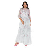 Maya Deluxe Women's Ladies Maxi Dress Round Neck 3/4 Sleeve Floral Sequin Embellished Ruffle A-Line for Wedding Guest Prom Ball Gown Vestido, Glacier Grey, 42 para Mujer