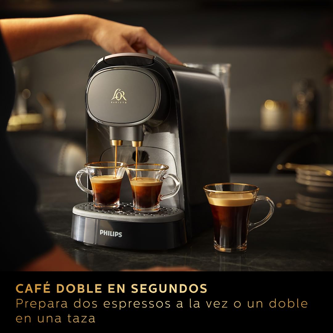 Cafetera de Cápsulas L'OR Barista – Doble Shot, Reconocimiento Dual de Cápsulas, 19 Bares, Nespresso, Bandeja de Goteo Ajustable, Tamaños de Café Personalizables LM8012/66, 1,1 l