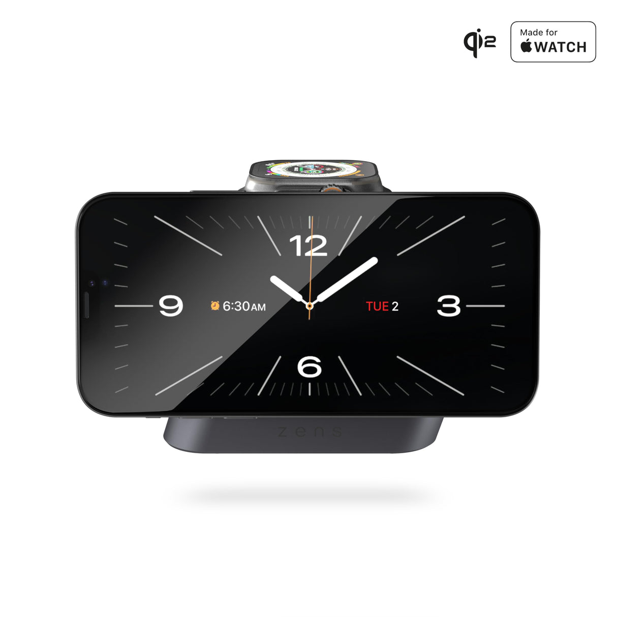 Zens Nightstand Magnetic Wireless Charger Pro 2, Cargador inalámbrico MagSafe y Qi 15 W para iPhone/Apple Watch/AirPods, Incluye Adaptador de Corriente de 20 W (EU/UK/US), Negro