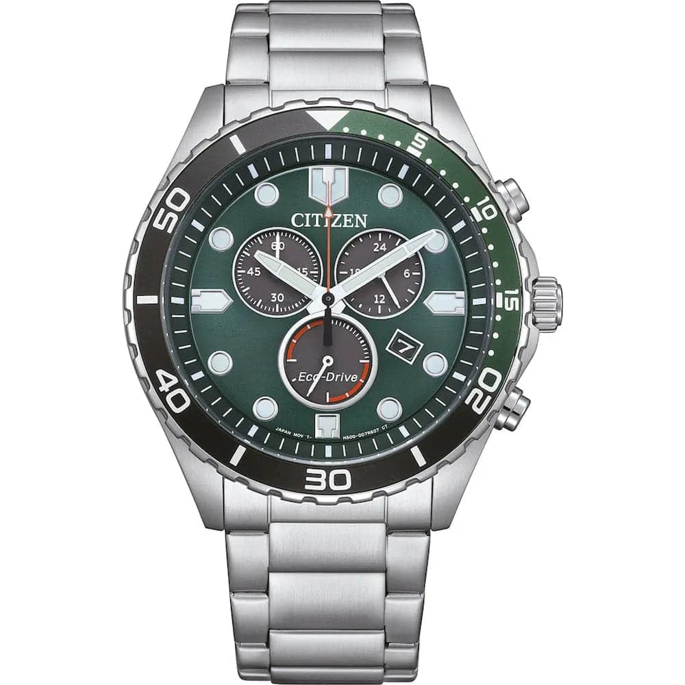 CITIZEN Reloj analógico de Cuarzo para Hombre con Correa de Acero Inoxidable AT2561-81X, Verde, Pulsera