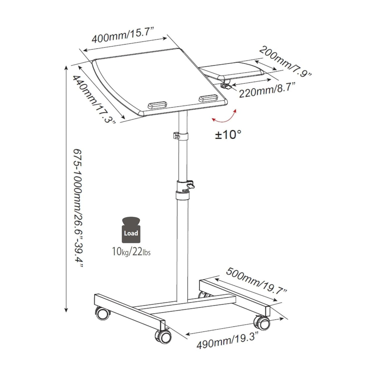 hjh OFFICE 802110 Mobile Laptop Escritorio para computadora VM-SL Negro, Portátil de la Mesa de Altura Regulable con Ruedas, con Soporte para ratón