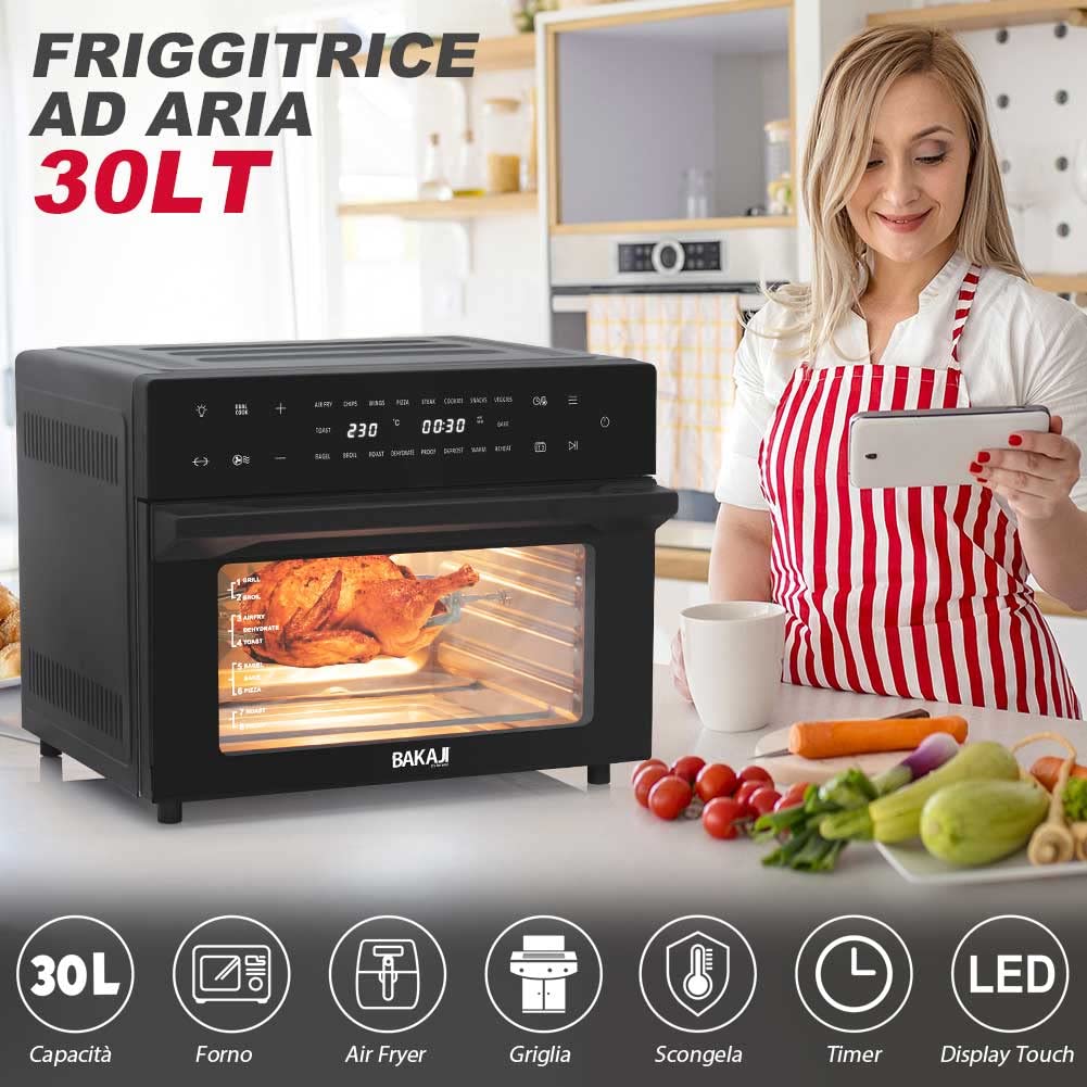 Bakaji Horno freidora de aire caliente, capacidad de 30 litros, 1800 W, freidora seca sin aceite, con pantalla táctil, 18 programas, función de doble cocción, temporizador, regulación de temperatura,
