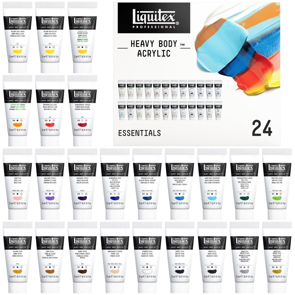Liquitex Acrílico Heavy Body - Set de pintura acrílica para bellas artes de cuerpo espeso calidad profesional, 24x22ml surtidos