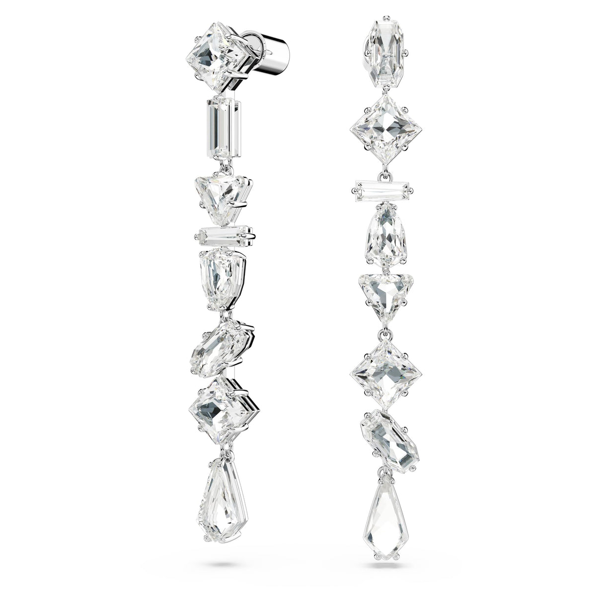 Swarovski Pendientes Mesmera, Diseño asimétrico, Tallas mixtas, Largos, Blancos, Baño de rodio