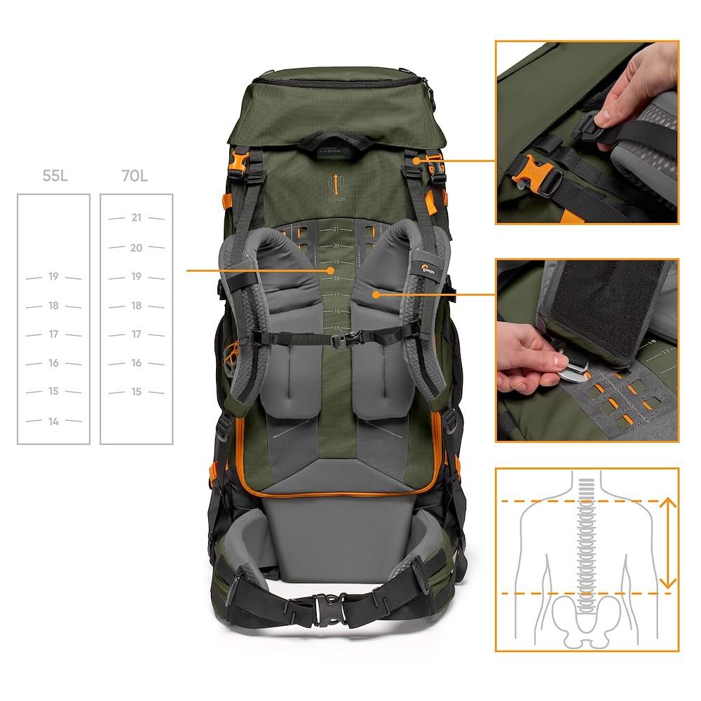 Lowepro PhotoSport PRO BP 70L AW IV - Mochila para cámaras réflex sin espejo, acceso delantero/trasero, compartimento extraíble para cámara, correas para accesorios, talla S/M, gris oscuro/verde