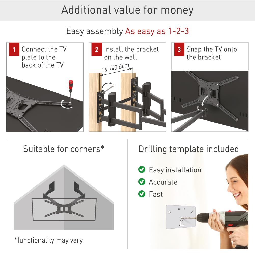 Barkan Soporte de Pared para TV de 104 cm de Largo, Brazo Doble de 13 a 90 Pulgadas, Giratorio/Movimiento Completo, Soporte para TV, soporta hasta 60 kg, Extra Estable, para LED OLED LCD, máx. VESA