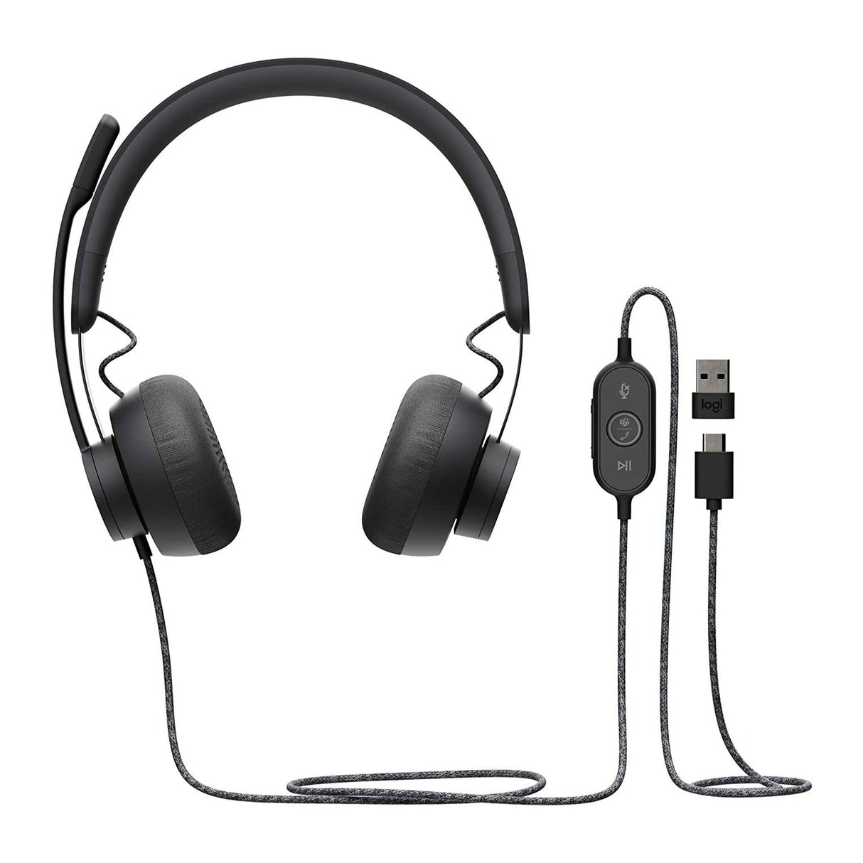 Logitech ZONE WIRED Headset Auricular profesional con micrófono cancelador de prestaciones superiores, conexión por cable con conector USB-A y USB-C, audio de alta fidelidad, Certificado UC- Grafito