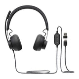 Logitech ZONE WIRED Headset Auricular profesional con micrófono cancelador de prestaciones superiores, conexión por cable con conector USB-A y USB-C, audio de alta fidelidad, Certificado UC- Grafito