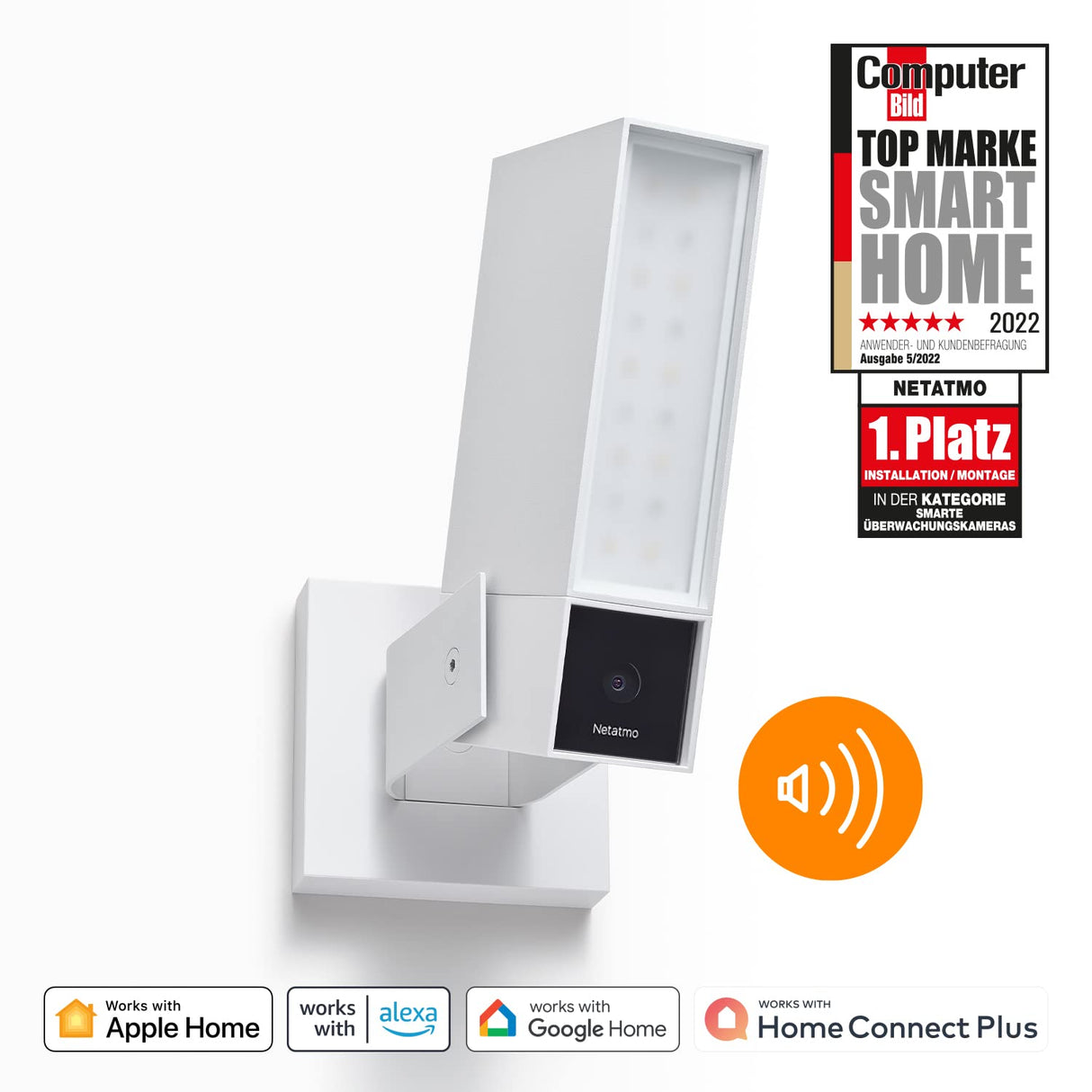 Netatmo Cámara de vigilancia exterior inteligente con sirena de 105 dB, WiFi, iluminación integrada, detección de movimiento, visión nocturna, sin suscripción, blanca, NOC-S-W-DE