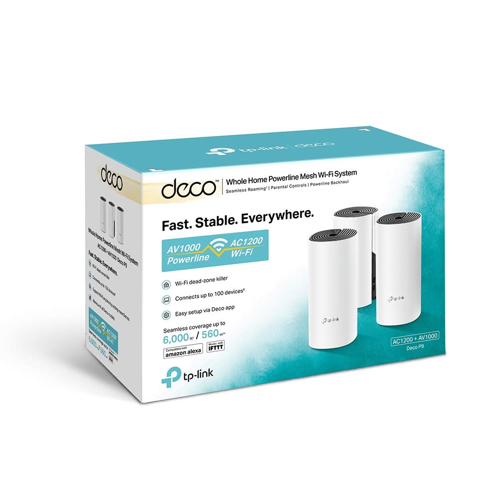 TP-Link Deco P9 (3-Pack) - PLC Mesh Wi-Fi Híbrido con Powerline, Adecuado para Casas Grandes con Paredes Gruesas, Powerline AV1000 + WiFi AC1200, Cobertura hasta 560 ㎡,2xPuerto Gigabit, CPU Qualcomm