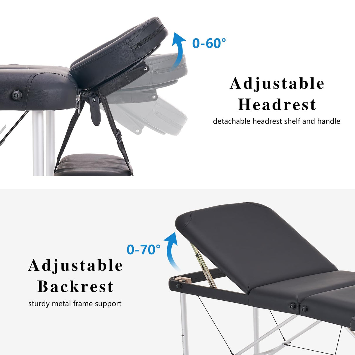 YOUNIKE Camilla de Masaje Móvil Plegable Negro y Ajustable en Altura Cama de Masaje de 3 Zonas Camilla de Estética Amplia Cama de Terapia Aluminio 186 x 60 cm