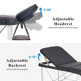YOUNIKE Camilla de Masaje Móvil Plegable Negro y Ajustable en Altura Cama de Masaje de 3 Zonas Camilla de Estética Amplia Cama de Terapia Aluminio 186 x 60 cm