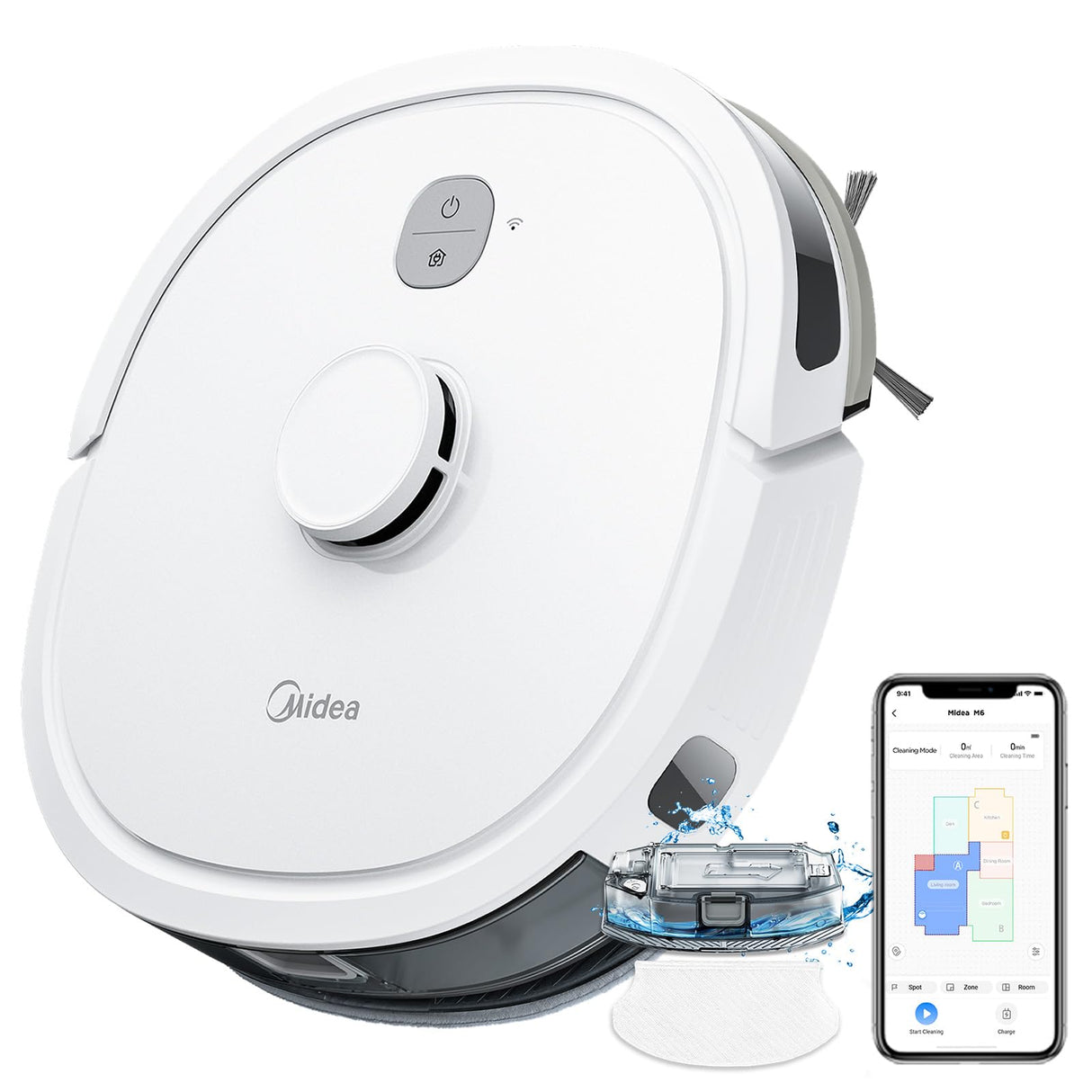 Midea M6 Robot Aspirador y Fregasuelos con Sistema Inteligente de Navegación LiDAR,Aspirador Robot,Autonomía 140 min,Potencia de Succión de 2000Pa,Control App,para Pelo de Mascotas y Suelos Duros