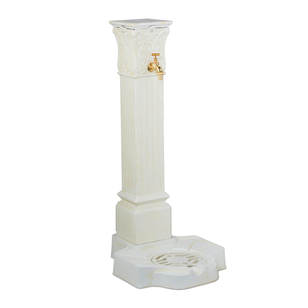Relaxdays Fuente de Pie Antigua, con Grifo y Lavabo, 93x47x38 cm, Bebedero de Jardín, Terraza, Aluminio Fundido, Blanco, Latón